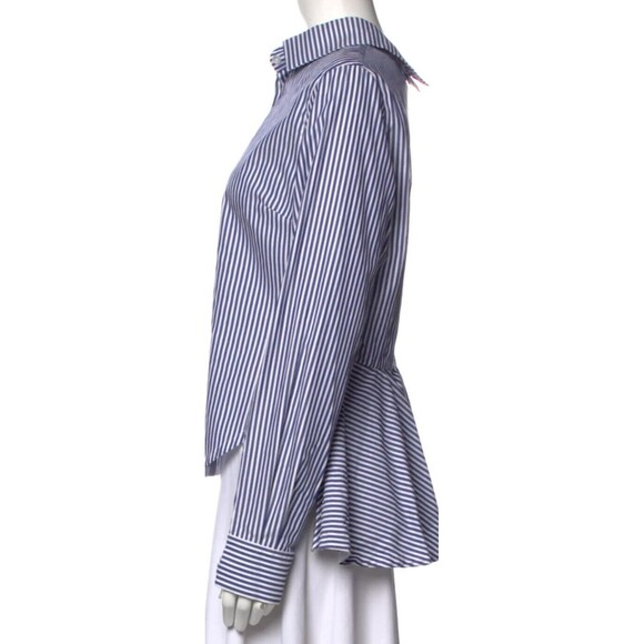 DESIGNER OVELIA TRANSTOTO BLUE/WHITE STRIPED COLLAR BUTTOM-UP LONG SLEEVE BLOUSE - Picture 9 of 9